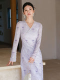Chiffon Purple Smoke Floral Cheongsam Dress
