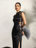 Lunara Black Jacquard Embroidered Cheongsam Dress