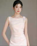 Serpentine Grand Champagne Pink Cheongsam Dress Pleated Qipao