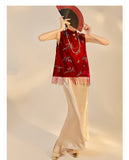 Velvet 2-Piece Embroidered Vest Skirt Cheongsam Set