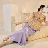 Elara 2-Piece Gold Vest Purple Skirt Cheongsam Set