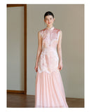 Theodora Mist Pink Jacquard Satin Cheongsam Dress