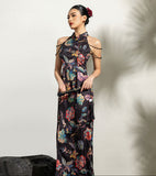 Peach Black Vintage Floral Cheongsam Dress