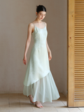 Beatrix Smoke Blue Jacquard Cheongsam Slip Dress
