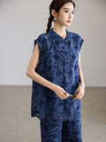 Peace 2-Piece Dark Blue Jacquard Cheongsam Set