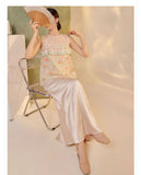 Interlude 2-Piece Embroidered Vest Champagne Skirt Cheongsam Set