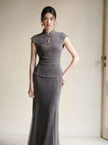 Isolde 2-Piece Bamboo Shadow Gray Jacquard Cheongsam Set