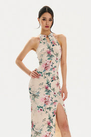 Adelaide Satiny High Slit Floral Cheongsam Qipao Dress