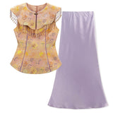 Elara 2-Piece Gold Vest Purple Skirt Cheongsam Set