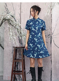 Geranium Blue Butterfly Print Cheongsam Dress