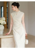 Vina Raw Linen Apricot Slim Cheongsam Dress