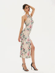 Adelaide Satiny High Slit Floral Cheongsam Qipao Dress