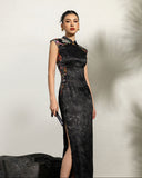 Lunara Black Jacquard Embroidered Cheongsam Dress