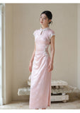 Magdalena Peach Mist Jacquard Satin Cheongsam Dress