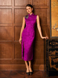 Acacia Purple Embroidered Jacquard Cheongsam Dress
