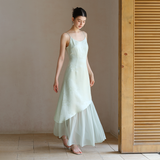 Beatrix Smoke Blue Jacquard Cheongsam Slip Dress