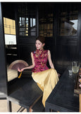 Phlox 2-Piece Crimson Brocade Vest Cheongsam