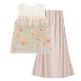 Interlude 2-Piece Embroidered Vest Champagne Skirt Cheongsam Set