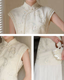 Qing Nectarine Embroidered Mermaid Cheongsam