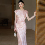 Lavender 2-Piece Light Pink Jacquard Cheongsam Set