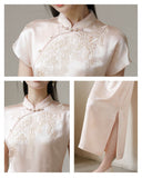 Meira Powder Cloud Embroidered Satin Cheongsam Dress