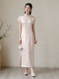 Meira Powder Cloud Embroidered Satin Cheongsam Dress
