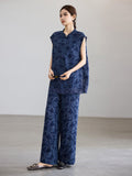 Peace 2-Piece Dark Blue Jacquard Cheongsam Set