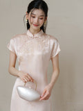 Meira Powder Cloud Embroidered Satin Cheongsam Dress
