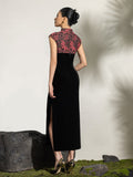 Philippa Black Velvet Floral Embroidered Cheongsam