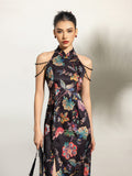 Peach Black Vintage Floral Cheongsam Dress