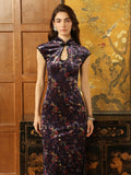 Agate Purple Lace High-Slit Cheongsam Dress