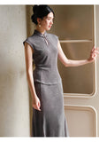 Isolde 2-Piece Bamboo Shadow Gray Jacquard Cheongsam Set