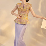 Elara 2-Piece Gold Vest Purple Skirt Cheongsam Set