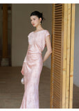 Lavender 2-Piece Light Pink Jacquard Cheongsam Set