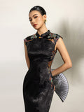 Lunara Black Jacquard Embroidered Cheongsam Dress