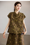 Celeste 2-Piece Yellow Coffee Jacquard Top Cheongsam