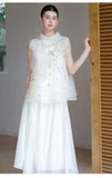 Vera 2-Piece White Gold Silk Vest Set Cheongsam