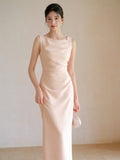 Serpentine Grand Champagne Pink Cheongsam Dress Pleated Qipao