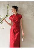 Opal Red Jacquard Satin Cheongsam Dress