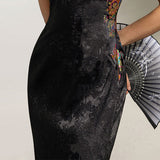 Lunara Black Jacquard Embroidered Cheongsam Dress