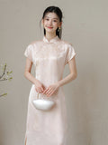 Meira Powder Cloud Embroidered Satin Cheongsam Dress