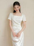 Vita Heron Feather White Slim Cheongsam Dress