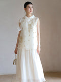 Vera 2-Piece White Gold Silk Vest Set Cheongsam