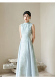 Leonie Water Blue Jacquard Cheongsam Dress