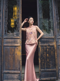 Distinguished Pristine Gold Embossed Satin 2-Piece Cheongsam Qipao