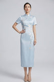 Prosperity Light Blue Embroidered Cheongsam Dress