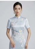 Prosperity Light Blue Embroidered Cheongsam Dress