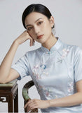 Prosperity Light Blue Embroidered Cheongsam Dress