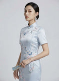 Prosperity Light Blue Embroidered Cheongsam Dress