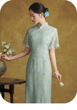Allegro Glamorous Light Blue Embroidered Cheongsam Dress Qipao